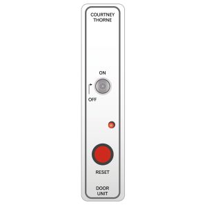 the front face of the connect door monitor showing its key override and reset button
